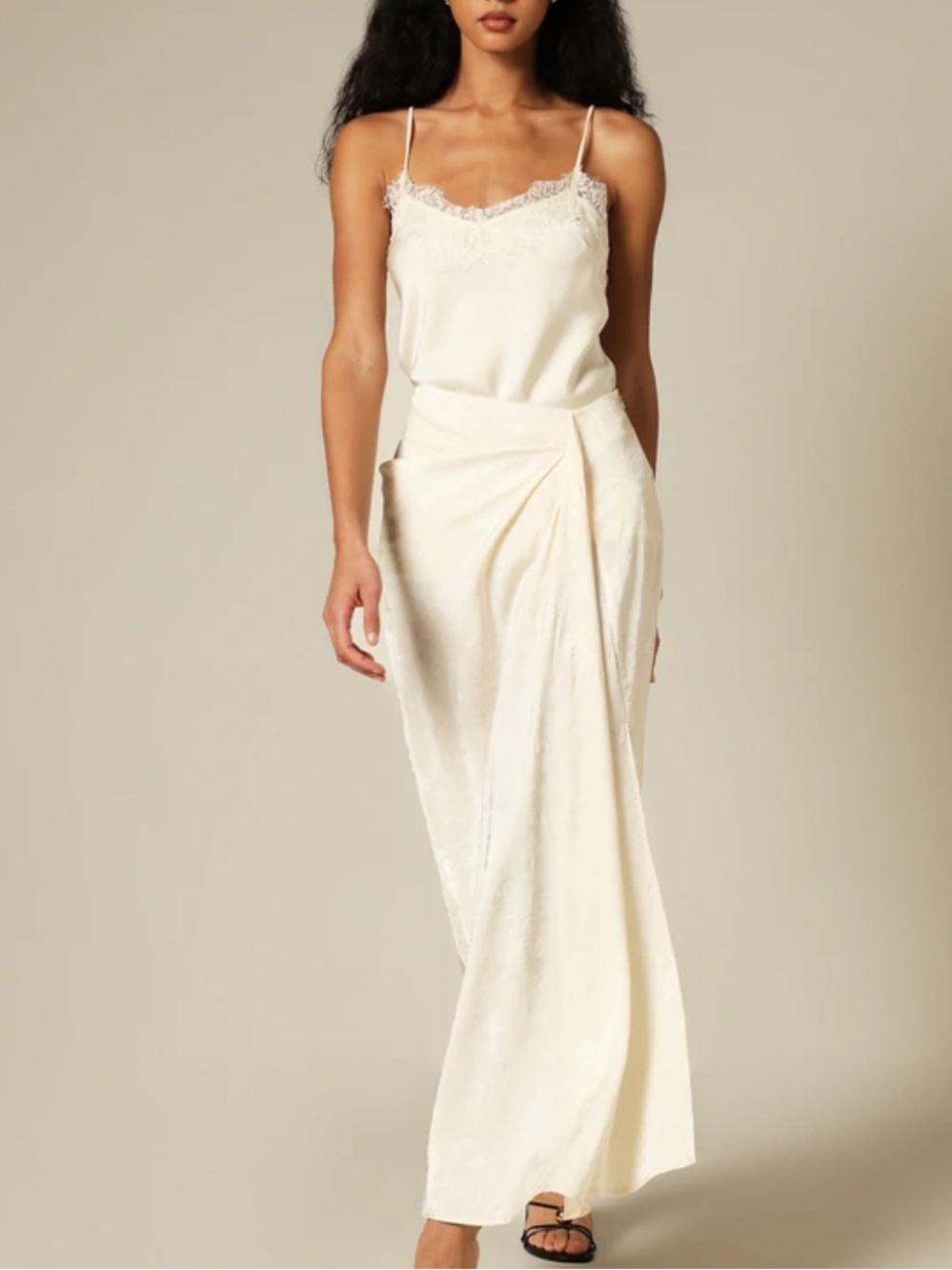 Ivory off white cream textured side slit front Draped midi Maxi Skirt - Picture 3 of 6